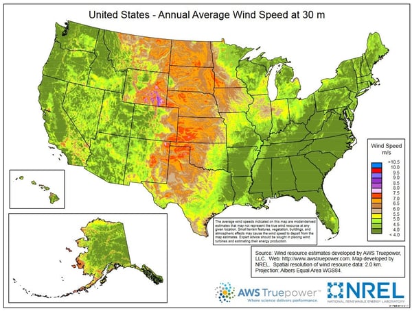 Map showing annual wind speed at a height of 30 meters (98.4 feet).