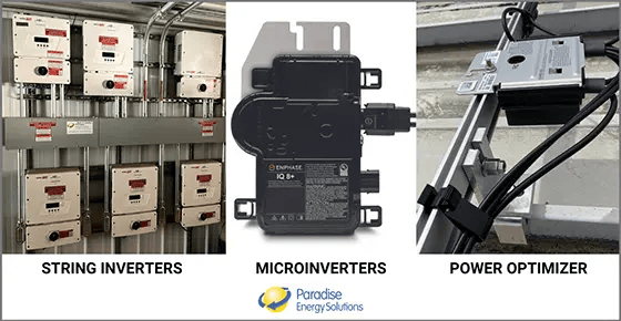 The three types of solar inverters - string inverters, microinverters, and power optimizers 