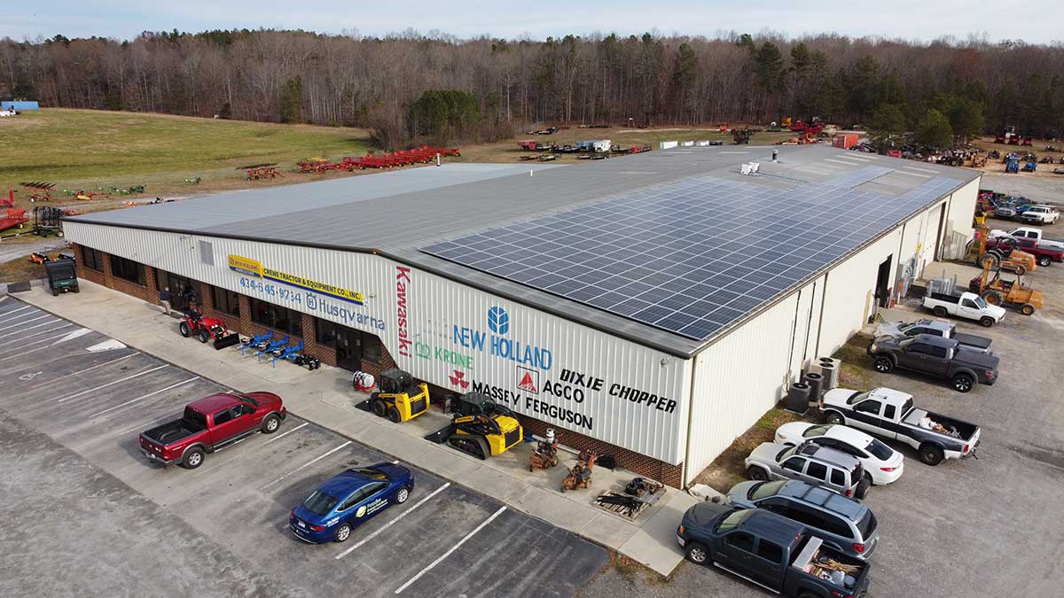 Solar panels on farm equipment store in Virginia