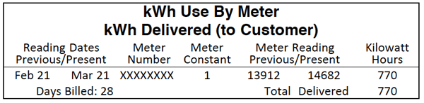 Electric Bill Chart Showing The kWh Delivered to Customer